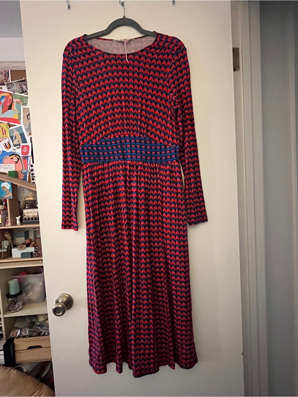 Boden Long Sleeve Red and Blue Patterned Midi Dress